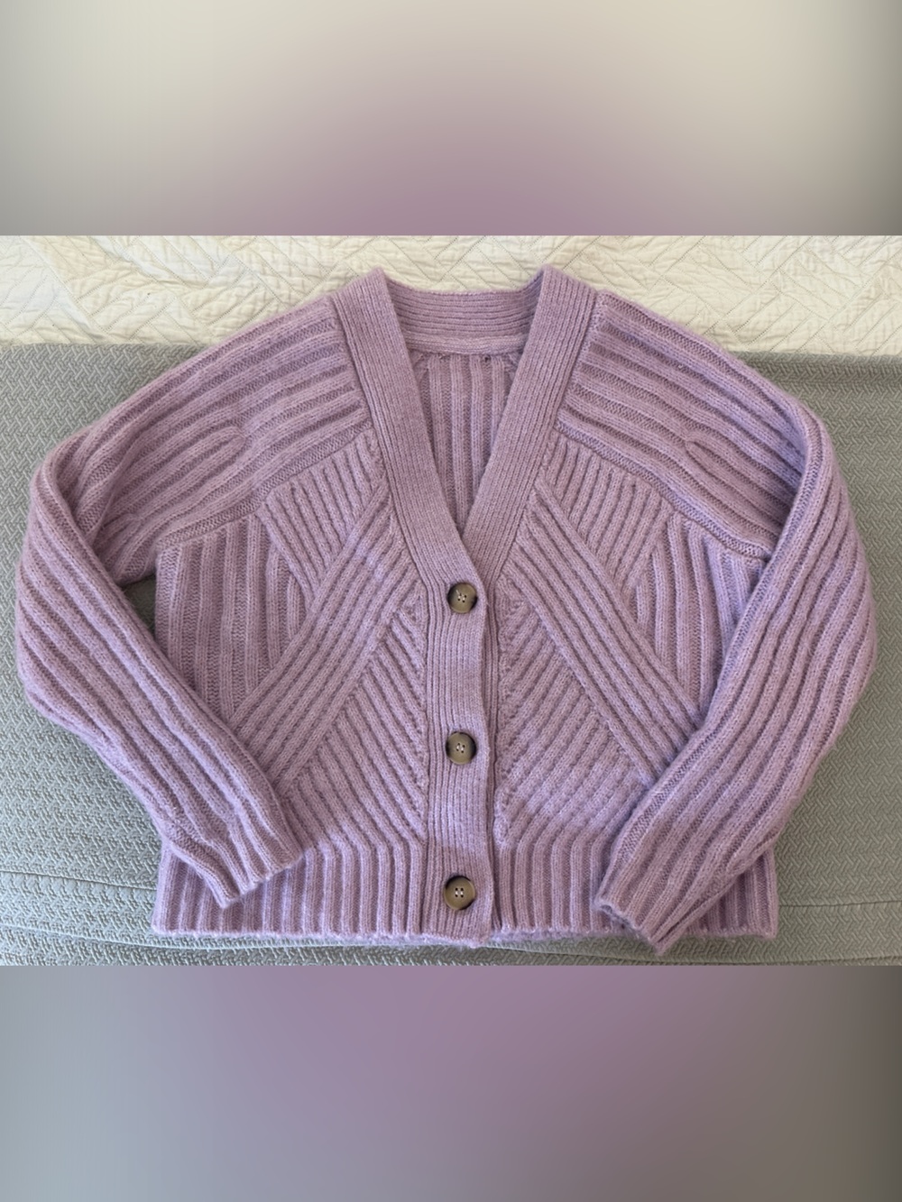 Lilac Ribbed V-Neck Button-Front Women’s Sweater